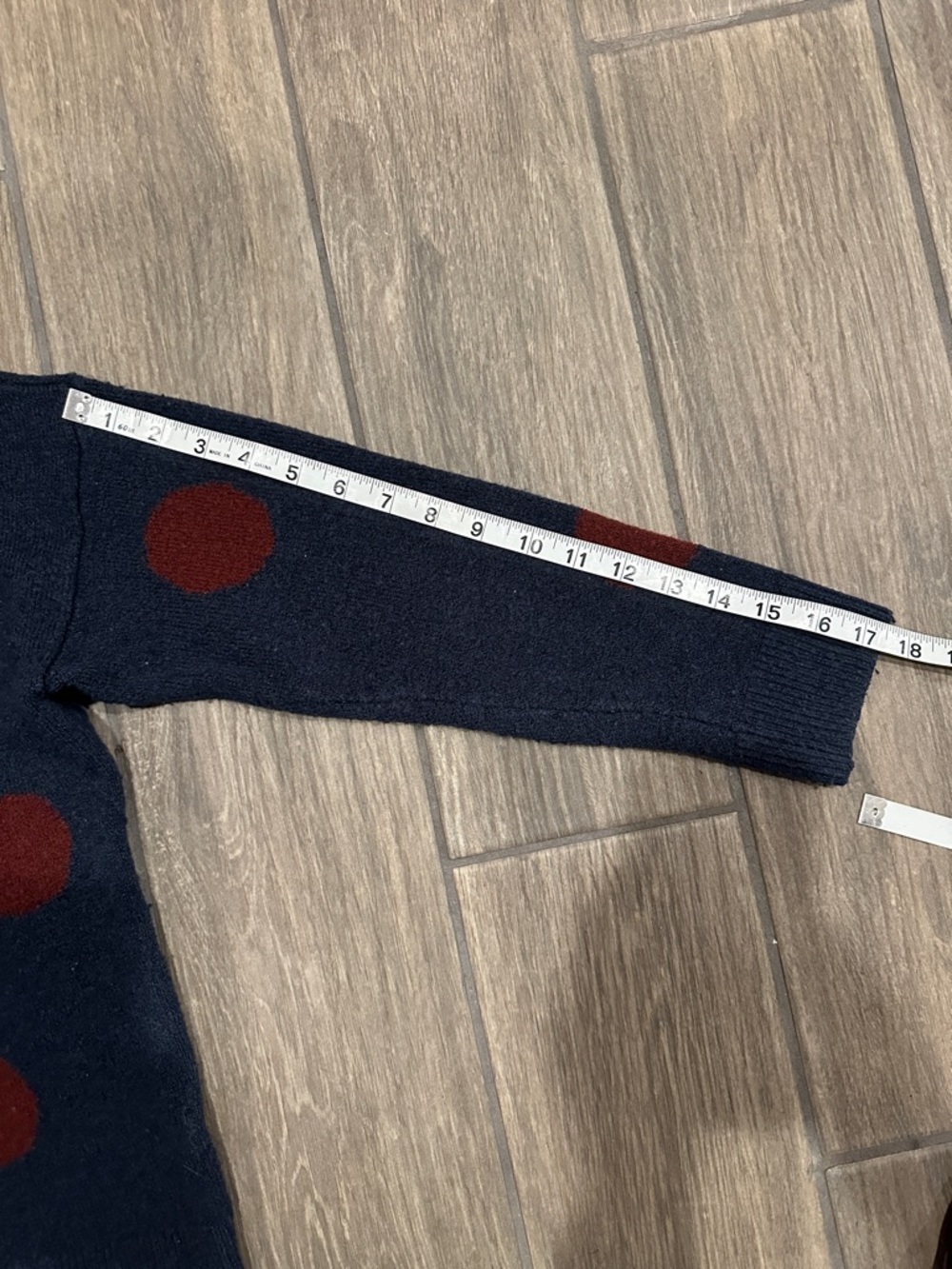 Madewell Navy Crewneck Sweater with Rust Polka Dots. Wool Blend. Size Small - Picture 7 of 8